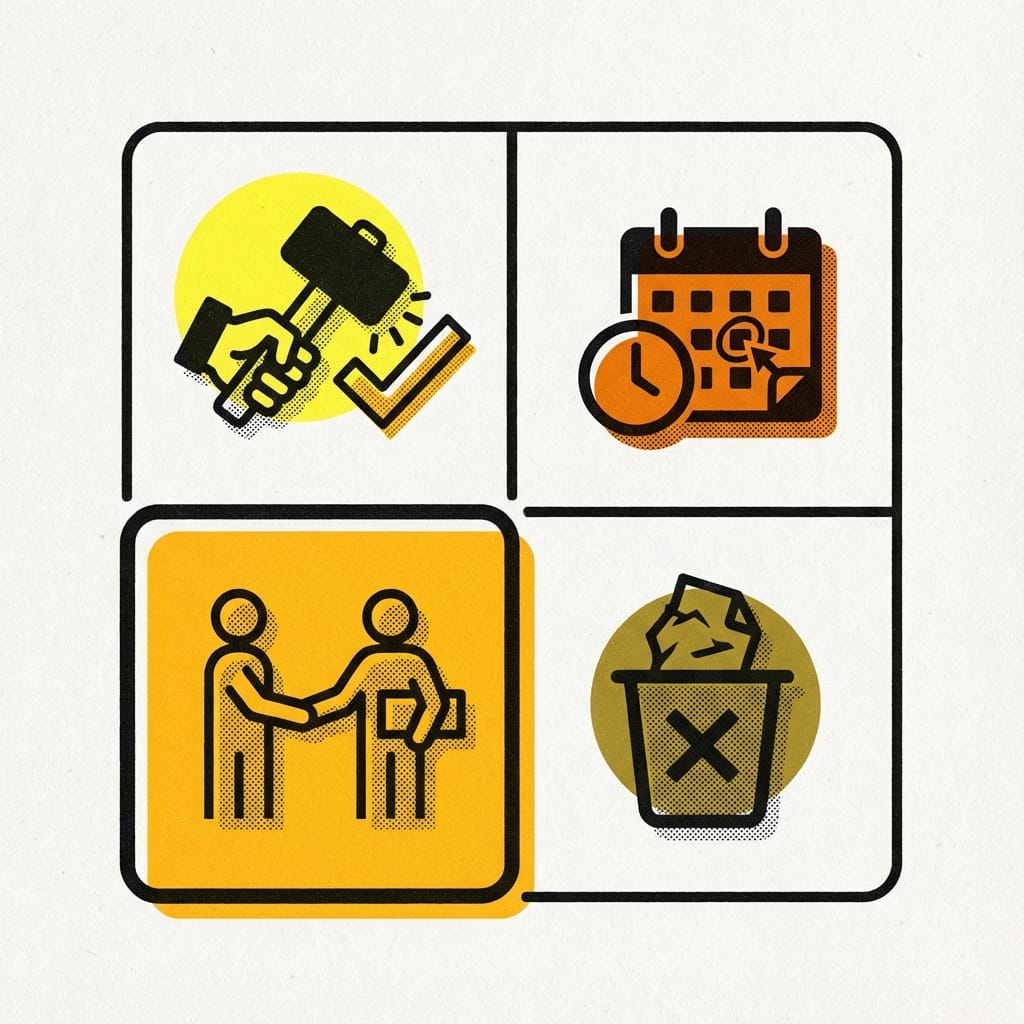 Matriz de Eisenhower minimalista 2×2. Eje vertical: “Importante / No importante”, eje horizontal: “Urgente / No urgente”. Cuatro cuadrantes con etiquetas cortas: arriba izquierda — “Hazlo tú”, arriba derecha — “Agenda”, abajo izquierda — “Delegar” (resaltado con color o borde), abajo derecha — “Eliminar”. Colores: énfasis en el cuadrante inferior izquierdo.