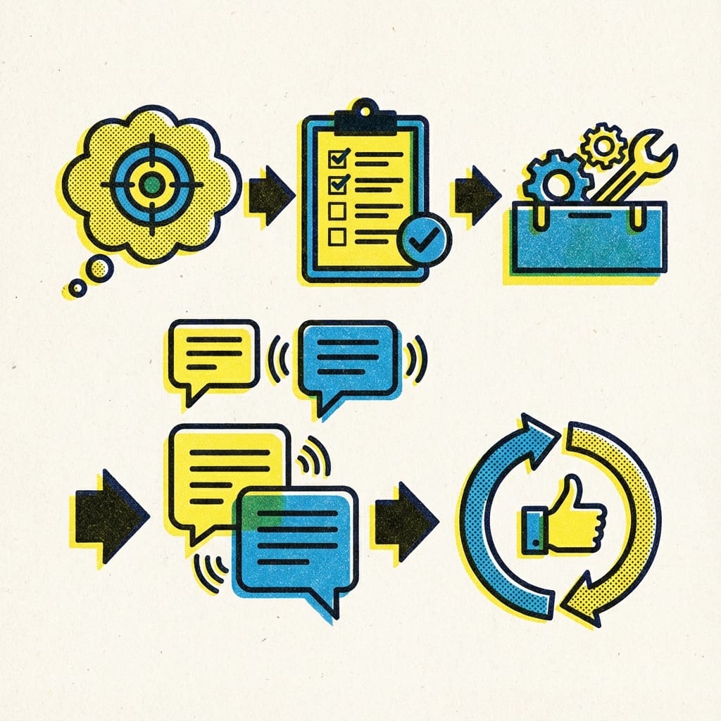 Diagrama de proceso horizontal con 5 pasos: “Expectativas → Puntos de control → Recursos → Comunicación → Feedback”. Cada paso con un icono simple y un breve texto debajo.